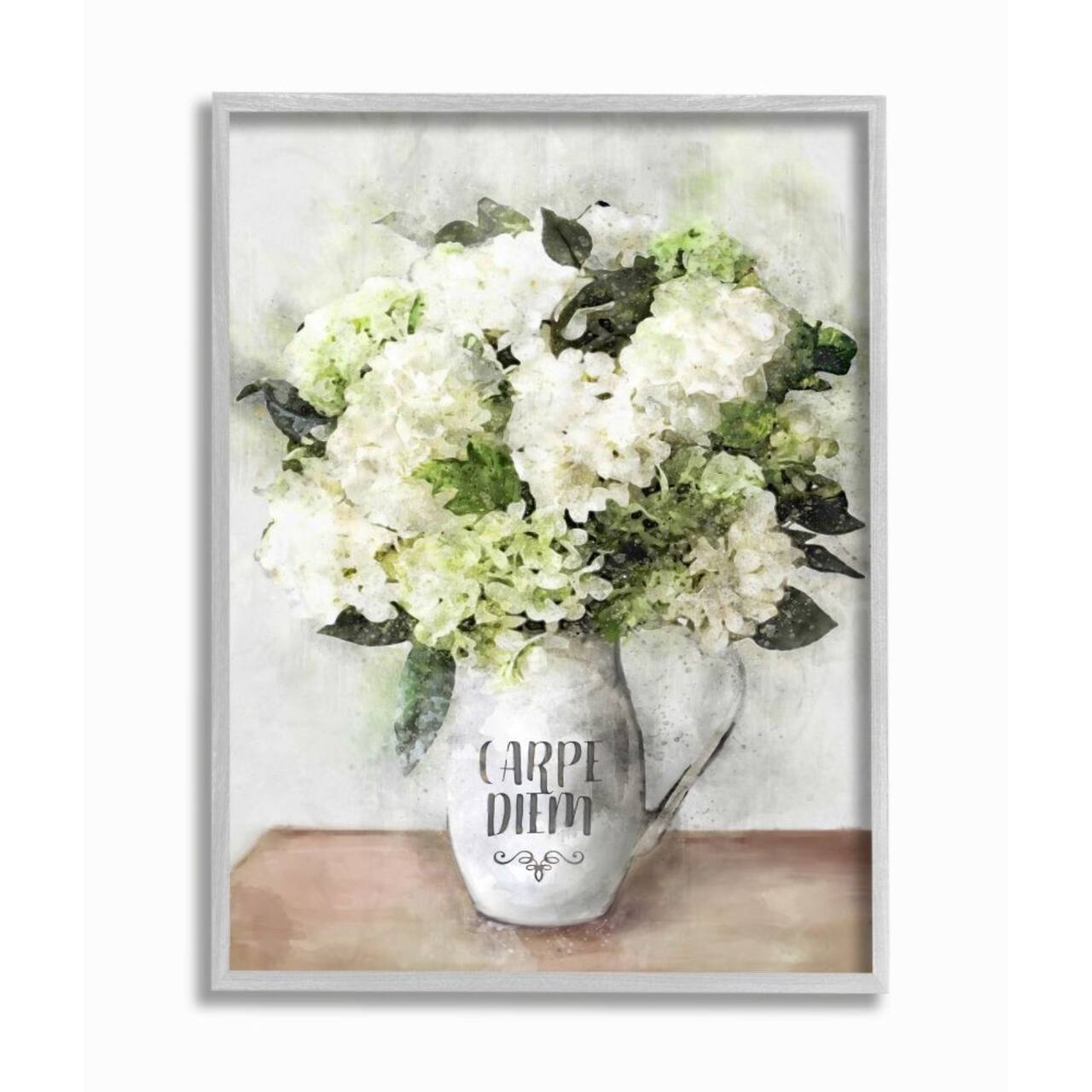 Stupell Industries Carpe Diem with White Hydrangea Bouquet Gray Framed Wall Art